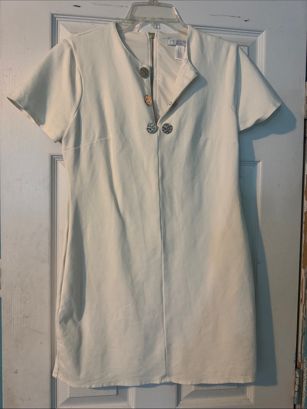 London Times Cream Short Sleeve Shift Dress with Decorative Buttons